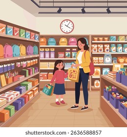 Cute cartoon mother holding saved money in her hand, her little boy riding a shopping cart, filled with school supplies, vector illustration 