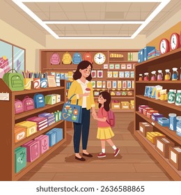 Cute cartoon mother holding saved money in her hand, her little boy riding a shopping cart, filled with school supplies, vector illustration 