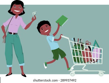 Cute cartoon mother holding saved money in her hand, her little boy riding a shopping cart, filled with school supplies, vector illustration, no transparencies, EPS 8