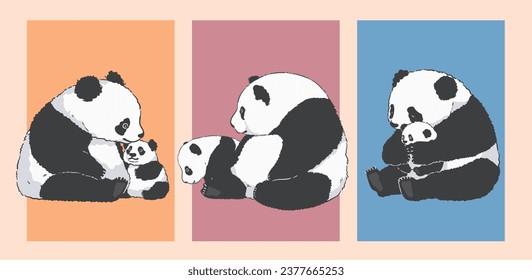 Cute Cartoon Mother Panda Holding Her Baby, Illustration Set	
