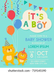 Cute cartoon mother and son lions illustration for boy baby shower invitation card template