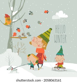 Cute Cartoon Mother walking with Their Children in Winter Forest