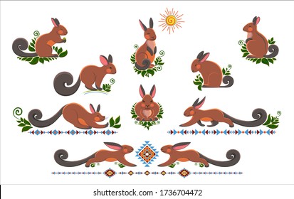 Cute cartoon mountain animals. Ornament of South America. Set of greeting cards, banners and design. Mountain hares. Vector illustration