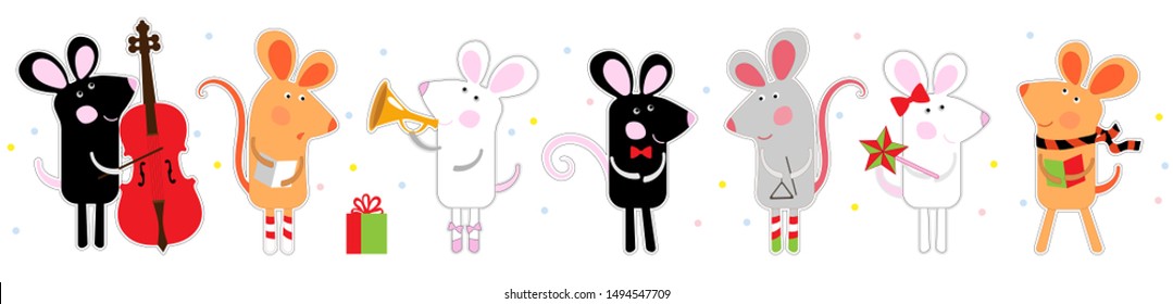 Ratón de dibujos animados. Identificador de plantilla de Mouse Happy New Year 2020. Ratón, signo del horóscopo de rata. Año chino de Rat 2020. Ilustración vectorial de rata dibujada a mano diseño plano aislado. 