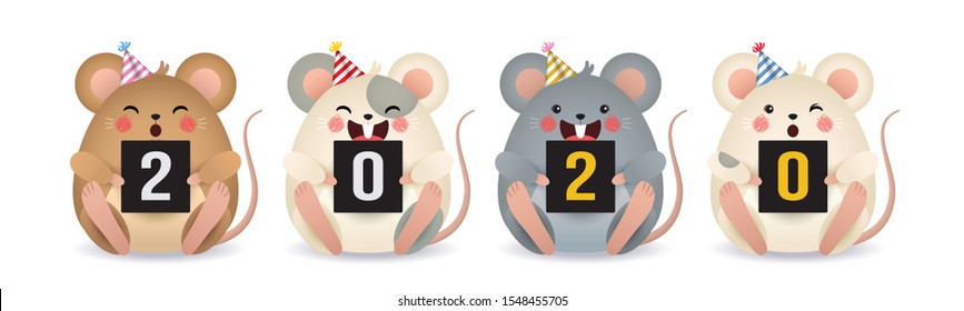Cute cartoon mouse with 2020 isolated on white background. Happy year of the rat in flat vector design. Cartoon mice in different color.