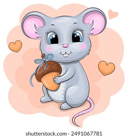 Cute cartoon mouse and acorn. Vector illustration of an animal.