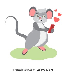 Cute cartoon mouse animal with phone. Online social communication on applications. Heart and love emoji icon. Vector illustration isolated on white background.