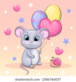 Cute cartoon mouse with balloons and snail. Vector illustration of an animal on a pink background with hearts and stars.