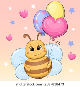 Cute cartoon mouse with balloons and snail. Vector illustration of an animal on a pink background with hearts and stars.