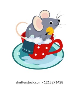 Cute Cartoon Mouse in the Bath of Cup. Vector Illustration