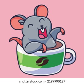 cute cartoon mouse bathing on mug coffee. isolated cartoon animal illustration vector
