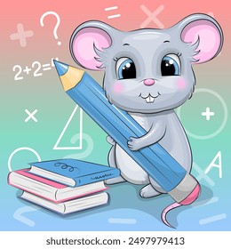 Ratón lindo de la historieta con un lápiz azul grande y libros. Ilustración vectorial de animales de escuela sobre fondo colorido.