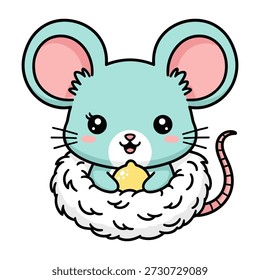 Cute cartoon mouse with big ears holding a yellow cheese wedge pink cheeks white whiskers