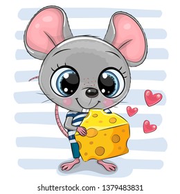 Cute Cartoon Mouse with big eyes and cheese