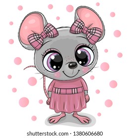 Cute Cartoon Mouse with big eyes in a pink dress