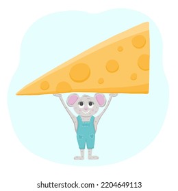 Cute cartoon mouse with big piece of cheese