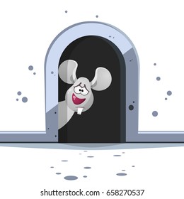 Cute cartoon mouse with big tooth on dark hole