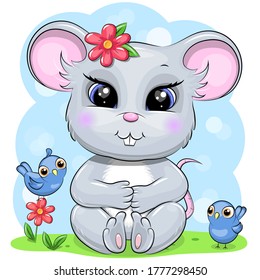 Cute cartoon mouse with birds and flowers. Vector illustration of animal on the blue background.