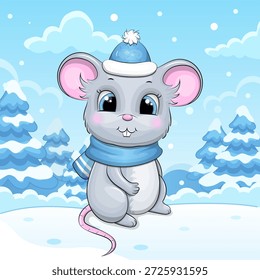 Lindo ratón de dibujos animados con sombrero azul y bufanda en invierno. Ilustración vectorial de animales en la naturaleza sobre un fondo azul con nieve.