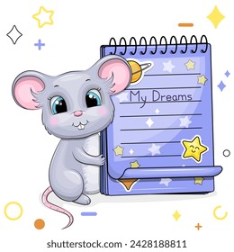 A cute cartoon mouse and a blue notebook with stickers. Vector illustration of animal on a white background with stars, circles.