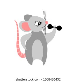 Cute cartoon mouse bodybuilder isolated on white background. Nice rat building muscles with dumbbells. Flat vector illustration.
