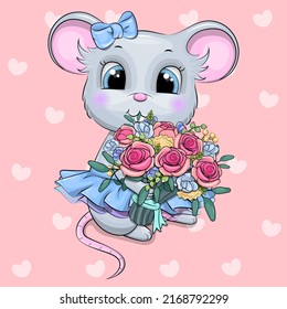 Cute cartoon mouse with a bouquet of roses. Vector illustration of an animal on a pink background with hearts.