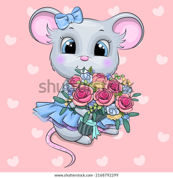 Cute Cartoon Mouse Bouquet Roses Vector Stock Vector (Royalty Free ...