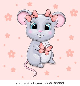 Cute cartoon Mouse with butterfly. Vector illustration of an animal on a pink background with flowers.