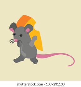 Cute cartoon mouse carries cheese. Vector illustration.