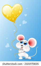 Cute cartoon Mouse with cheese balloon heart. Valentine's day card.