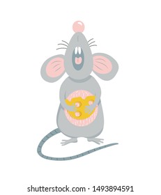 Cute cartoon mouse with cheese. Symbol of 2020 year. Vector illustration