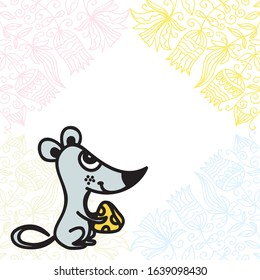 Cute cartoon mouse with cheese. Vector illustration