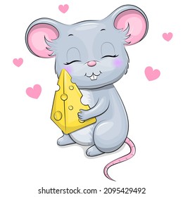 Cute cartoon mouse with cheese. Vector illustration of a rodent on a white background.