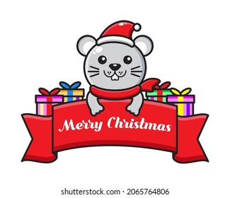cute cartoon mouse with christmas greeting ribbon