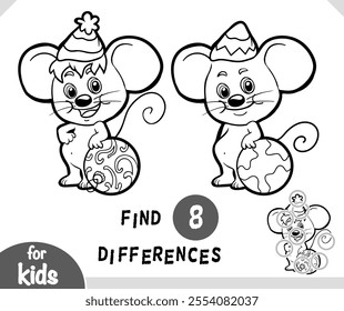 Cute cartoon mouse and Christmas tree ball. Black and white find differences educational game