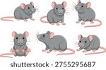 Cute cartoon mouse collection in different poses isolated on light background, adorable gray rodent characters for children illustration, animal design, playful mascot concept
