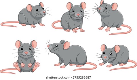 Colección linda del ratón de la historieta en diversas poses aisladas en el fondo ligero, caracteres grises adorables del roedor para la ilustración de los niños, diseño animal, concepto juguetón de la mascota