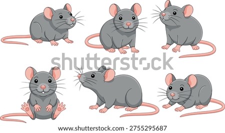 Cute cartoon mouse collection in different poses isolated on light background, adorable gray rodent characters for children illustration, animal design, playful mascot concept