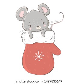 Cute cartoon mouse. Cristmas character. Symbol of new year 2020