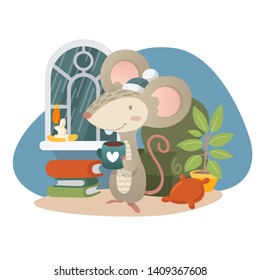 Cute cartoon mouse with cup of cacao. Vector illustration.