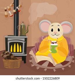 Cute cartoon mouse with cup of coffee or tea. A little rat. 2020 of the rat. Chinese New Year. Cartoon vector illustration.