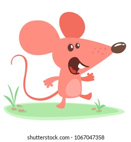 Cute cartoon mouse dancing on the meadow. Vector illustration isolated