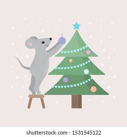 Cute cartoon mouse decorate the Christmas tree. New year. Vector illustration.