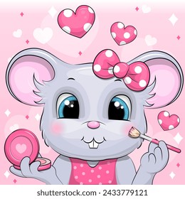 Cute cartoon mouse does makeup. Vector illustration of animal with blush and brush on pink background and heart.