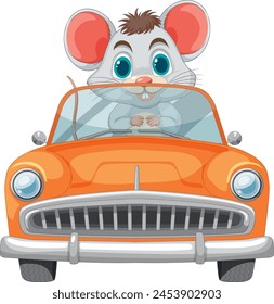 Cute cartoon mouse driving a vintage vehicle