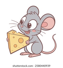 Cute Cartoon Mouse eating Cheese.