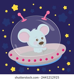 Cute cartoon mouse flies in a flying saucer. Minimalistic children s character, cute stylized mouse in a flying saucer, illustration background. Trendy pattern for wrapping paper, wallpaper, stickers