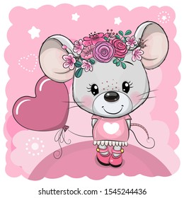Cute Cartoon Mouse with flowers and balloon on a pink background