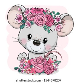 Cute Cartoon Mouse with flowers on a pink background