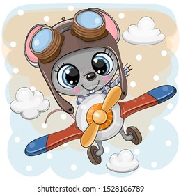 Cute Cartoon Mouse is flying on a plane